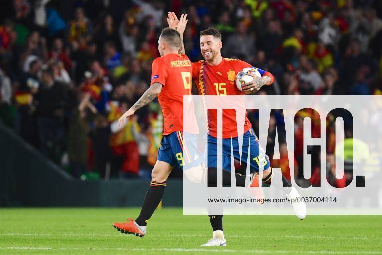 Spain v England UEFA Nations League Paco Alcacer of Spain (left) celebrates scoring their first goal with Sergio Ramos to make it Spain 1 England 3 during the UEFA Nations League match at the Estadio Benito Villamarin, Seville Content Not Available For UK Newspapers