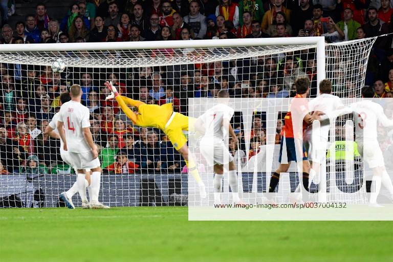Spain v England UEFA Nations League Jordan Pickford of England is beaten by the header from Paco Alcacer of Spain to make it Spain 1 England 2 during the UEFA Nations League match at the Estadio Benito Villamarin, Seville Content Not Available For UK Newspapers