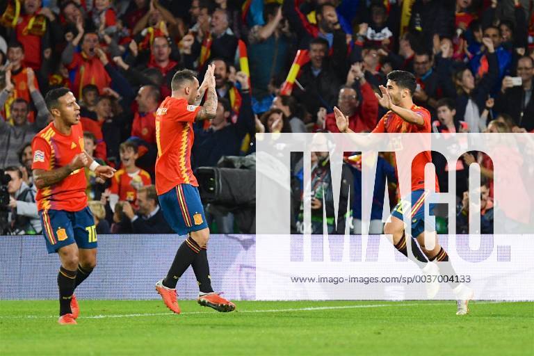 Spain v England UEFA Nations League Paco Alcacer of Spain (centre) celebrates scoring their first goal to make it Spain 1 England 3 during the UEFA Nations League match at the Estadio Benito Villamarin, Seville Content Not Available For UK Newspapers