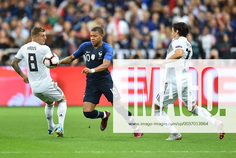 Football UEFA Nations League France Germany on 16 10 2018 at Stade de France in Paris Toni Kroos Germany links Kylian Mbappe France middle Nico Schulz Germany right DFB regulations prohibit any use of images as image sequences or quasi video