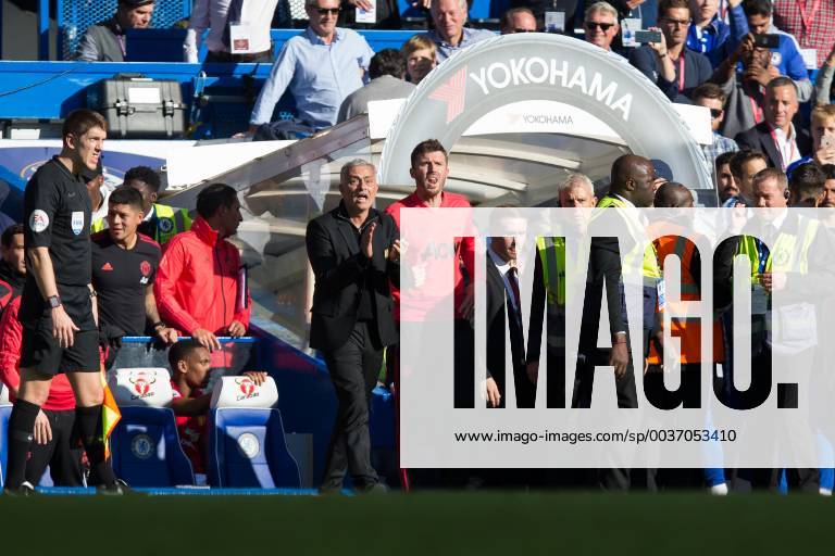 Manchester United ManU manager Jose Mourinho reacts after Chelsea score the equalising goal to make the score 2-2 during the Premier League match at Stamford Bridge Stadium, London. Picture date:20th October 2018. Picture credit should read: Craig Mercer Sportimage .