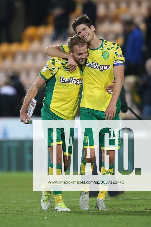 Norwich City v Aston Villa Sky Bet Championship Jordan Rhodes of Norwich and Timm Klose of Norwich celebrate victory together at the end of the Sky Bet Championship match at Carrow Road, Norwich Content Not Available For UK Newspapers