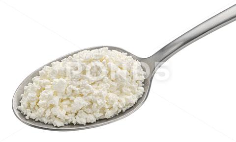 Cottage cheese in spoon isolated on white background, top view cottage cheese spoon isolated top view white cottage cheese cream curd package granulated background food dairy fresh closeup object heap diet soft pile sour metal healthy homemade ingredient milk product nutrition nobody plate close-up clipping path bungalow cut-out