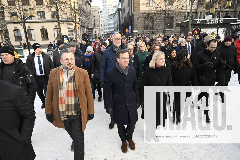 STOCKHOLM, SWEDEN 20231206 Center Party Party leader Muharrem Demirok, Liberal Party leader Johan Pehrson, Prime Minister Ulf Kristersson M and Social Democrat Party leader Magdalena Andersson participate in the kippa walk against anti-Semitism in Stockholm In addition, several of the governments state councils participate Walk from Raoul Wallenbergs tor
