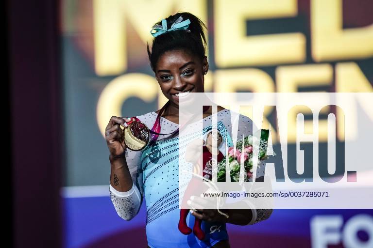 Simone Biles of  United States with her goal medal at Individual Final for Women at the Aspire Dome in Doha, Qatar, Artistic FIG Gymnastics World Championships. CSM Artistic Gymnastics FIG World Championships Day 8 - ZUMAc04_ 20181101_zaf_c04_001