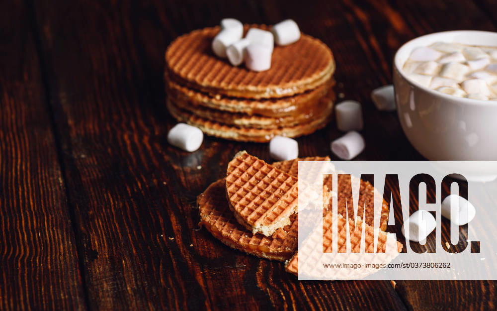 Syrup Waffles and Hot Cocoa with Marshmallow. Syrup Waffles with Broken One with White Cup of Cocoa with Marshmallow and Waffle Stack. Copy Space on the Left.
