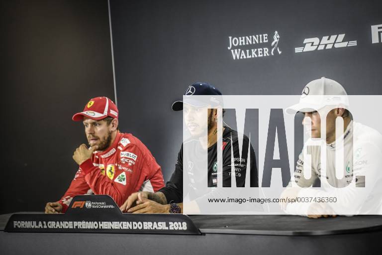 HAMILTON Lewis (gbr), Mercedes AMG F1 Petronas GP W09 Hybrid EQ Power+, portrait , VETTEL Sebastian (ger), Scuderia Ferrari SF71H, portrait , BOTTAS Valtteri (fin), Mercedes AMG F1 Petronas GP W09 Hybrid EQ Power+, portrait , pole position during the 2018 Formula One World Championship WM Weltmeisterschaft Brazil Grand Prix from November 08 to 11 in Sao Paulo, Brazil - Photo Eric Vargiolu DPPI. Motorsports: FIA Formula One World Championship 2018, Grand Prix of Brazil World Championship;2018;Grand Prix;Brazil , 77 Valtteri Bottas (FIN, Mercedes AMG Petronas), 44 Lewis Hamilton (GBR, Mercedes AMG Petronas F1 Team), , 5 Sebastian Vettel (GER, Scuderia Ferrari) Sao Paulo Brazil