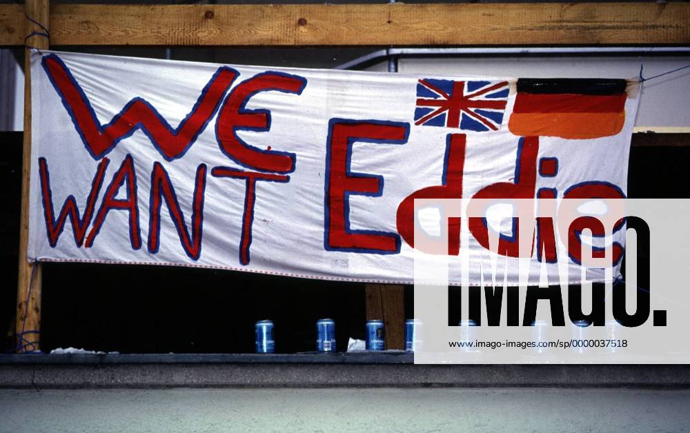 Transparent We Want Eddie!, gemeint ist Michael Eddie The Eagle Edwards aus Großbritannien Skispringen Herren Skisprung, Ski Nordisch, Nordischer Skisport: Vierschanzen-Tournee, Vierschanzentournee Totale Oberstdorf Begeisterung,