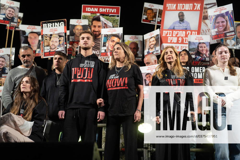 Protest after IDF Admits to Accidentally Killing Of Three Hostages - Gaza 12 17 2023 Tel Aviv Israel. recently released hostages Maya Regev (L), Itai Regev, Daniel Aloni (2L) and Agam Goldstein Almog (R) at a rally outside The Museum of Art known as the The Hostages and Missing Square on December 16, 2023 in Tel Aviv, Israel On Friday, the IDF said its forces accidentally killed three hostages being held in Gaza when it mistakenly identified them as potential threats. Yotam Haim, Samer Talalka, Alon Shamriz were kidnapped from southern Israel on Oct. 7 by Hamas militants and taken back to the Gaza Strip. Israel launched an air and ground campaign in Gaza soon thereafter in an effort to defeat Hamas. In November, a weeklong ceasefire allow