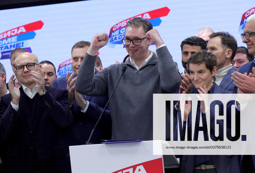(231218) -- BELGRADE, Dec. 18, 2023 -- Serbian President Aleksandar Vucic reacts during a press conference at the Serbian Progressive Party (SNS) headquarters in Belgrade, Serbia, on Dec. 17, 2023. Coalition around the ruling SNS won over 127 out of 250 seats at the snap parliamentary election, announced the country s President Aleksandar Vucic at the headquarters of SNS on Sunday. (Photo by Xinhua) SERBIA-BELGRADE-SNS-VUCIC-SNAP ELECTION-WINNING PredragxMilosavljevic