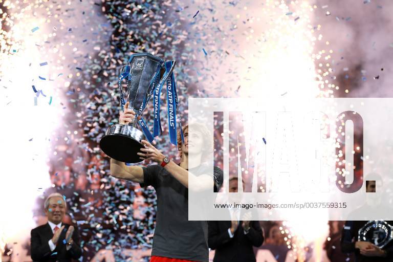 KW46 18th November 2018, O2 Arena, London, England; Nitto ATP Tennis Herren Tennis Finals; Alexander Zverev (GER) lifts the Nitto ATP Final Singles Trophy after defeating World Number one Novak Djokovic (SRB) ActionPlus12081407 JohnxPatrickxFletcher