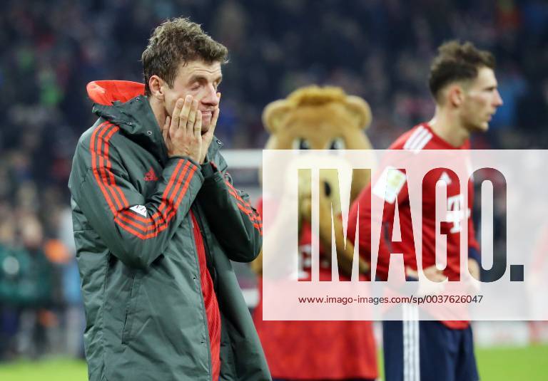 Bayern Düsseldorf 3 3 after end of game Thomas Müller mascot and Leon Goretzka Munich Bavaria Germany Allianzarena