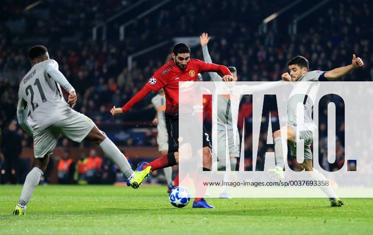 Manchester United ManU s Marouane Fellaini scores a late goal to make it 1-0 during the UEFA Champions League match at Old Trafford, Manchester. Picture date 27th November 2018. Picture credit should read: Matt McNulty Sportimage .
