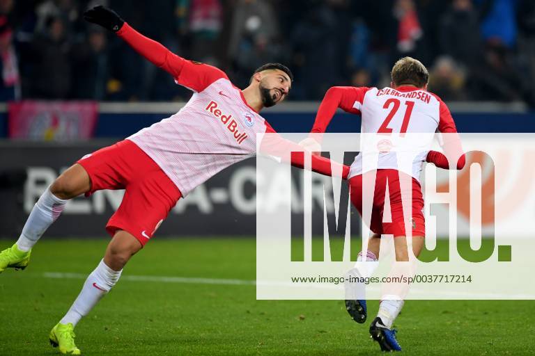 SOCCER - UEFA EL, RBS vs RB Leipzig SALZBURG,AUSTRIA,29.NOV.18 - SOCCER - UEFA Europa League, group stage, Red Bull Salzburg vs RasenBallsport Leipzig. Image shows the rejoicing of Munas Dabbur and Fredrik Gulbrandsen (RBS). GEPAxpictures xFlorianxErtl