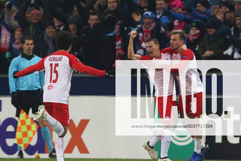 SOCCER - UEFA EL, RBS vs RB Leipzig SALZBURG,AUSTRIA,29.NOV.18 - SOCCER - UEFA Europa League, group stage, Red Bull Salzburg vs RasenBallsport Leipzig. Image shows the rejoicing of Stefan Lainer and Fredrik Gulbrandsen (RBS). GEPAxpictures xMathiasxMandl