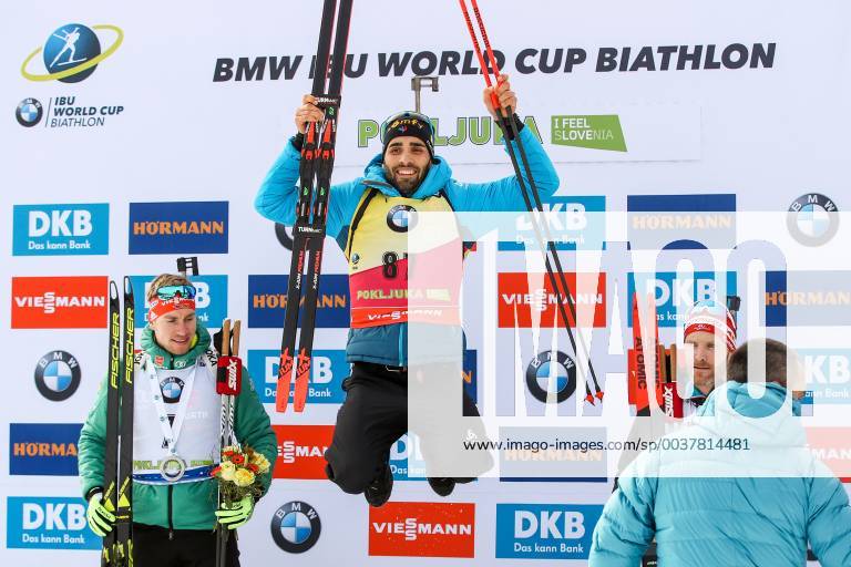 BIATHLON - IBU World Cup POKLJUKA,SLOVENIA,06.DEC.18 - BIATHLON - IBU World Cup, 20km individual competition, men, award ceremony. Image shows Johannes Kuehn (GER), the rejoicing of Martin Fourcade (FRA) and Simon Eder (AUT). GEPAxpictures Klansek