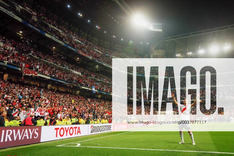 Madrid, Spain - Gonzalo Nicolas Martinez, player of River Plate celebrates after his team won the Final of Copa CONMEBOL Libertadores 2018 at Estadio Santiago Bernabeu in Madrid..River Plate won the title of Copa Libertadores 2018 by beating Boca Juniors. Soccer 2018: River Plate Wins Copa Libertadores Final - ZUMAs197 20181210_zaa_s197_019
