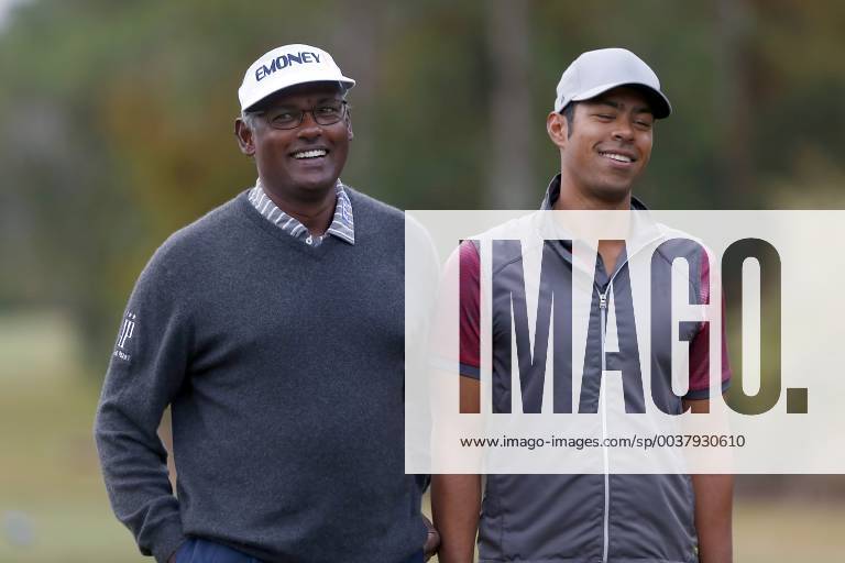 ORLANDO, FL - DECEMBER 14: Vijay Singh and his son Qass Singh pose together on the first hole before the Pro-Am of the 2018 PNC Father Son Challenge on December 14, 2018 at the The Ritz-Carlton Golf Club in Orlando, Florida. (Photo by Cliff Welch Icon Sportswire) GOLF: DEC 14 Champions Tour - PNC Father Son Challenge Icon121418105