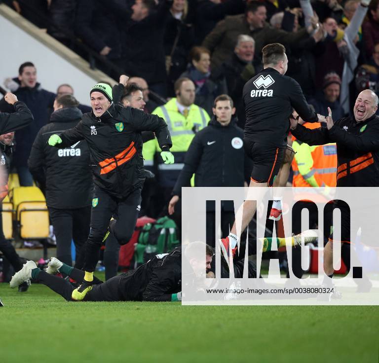 Norwich City v Nottingham Forest Sky Bet Championship The Norwich bench celebrate their side?s 3rd goal on the pitch during the Sky Bet Championship match at Carrow Road, Norwich Content Not Available For UK Newspapers