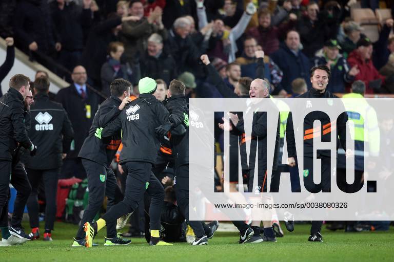Norwich City v Nottingham Forest Sky Bet Championship The Norwich bench celebrate their side?s 3rd goal on the pitch during the Sky Bet Championship match at Carrow Road, Norwich Content Not Available For UK Newspapers