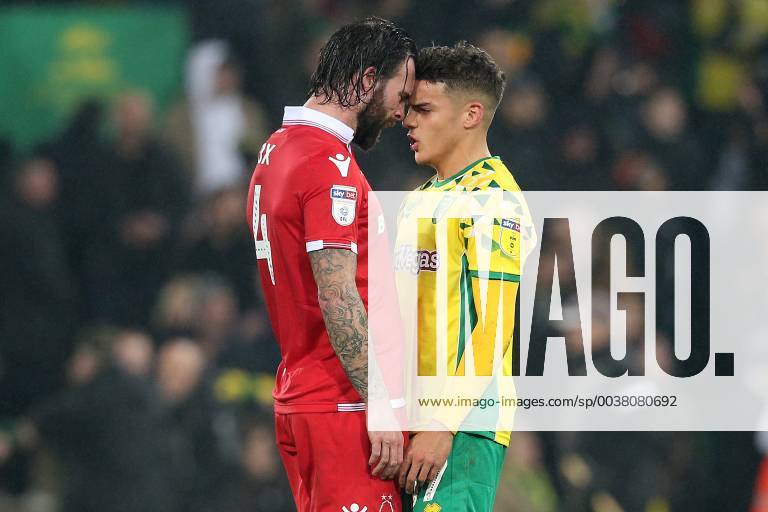 Norwich City v Nottingham Forest Sky Bet Championship Danny Fox of Nottingham Forest and Max Aarons of Norwich clash at the end of the Sky Bet Championship match at Carrow Road, Norwich Content Not Available For UK Newspapers