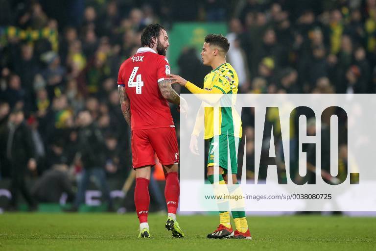 Norwich City v Nottingham Forest Sky Bet Championship Danny Fox of Nottingham Forest and Max Aarons of Norwich clash at the end of the Sky Bet Championship match at Carrow Road, Norwich Content Not Available For UK Newspapers