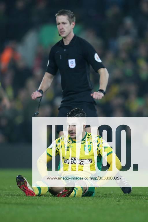 Norwich City v Nottingham Forest Sky Bet Championship Emiliano Buendia of Norwich sits frustrated after no foul was awarded by Referee John Brooks after a tussle with Jack Robinson of Nottingham Forest during the Sky Bet Championship match at Carrow Road, Norwich Content Not Available For UK Newspapers