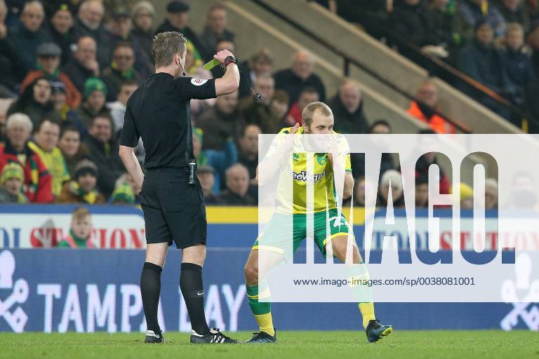 Norwich City v Nottingham Forest Sky Bet Championship Teemu Pukki of Norwich gets a yellow card from Referee John Brooks during the Sky Bet Championship match at Carrow Road, Norwich Content Not Available For UK Newspapers