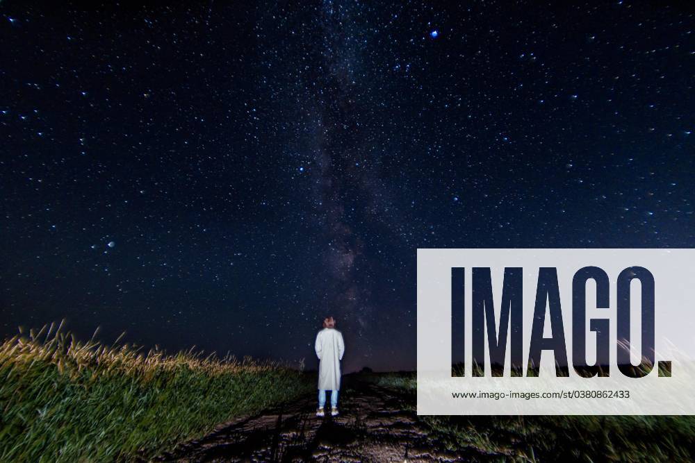 Silhouette one Man at the Starry sky, Concept the Loneliness, Fear and Depression