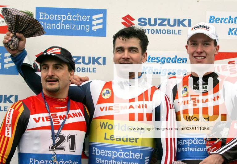 Georg Hackl Albert Demtschenko Russia and David Moeller from left during the award ceremony at the Mens Luge World Cup in Koenigssee on Thursday 6 Jan 2005 Demtschenko won ahead of the two Germans Hackl and Moeller Eckehard Schulz German Georg Hackl Albert Demtschenko from Russia and German David Moeller from left during the winner ceremony of the men s Luge World Cup in Koenigssee southern Germany Thursday 6 Jan 2005 Eckehard Schulz KOENIGSSEE DEU