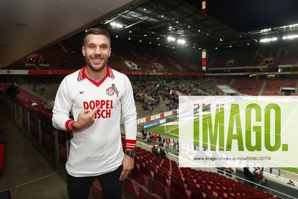 Lukas Podolski in the RhienEnergieStadion Köln in front of the Lukas Podolski Lodge with south stand in the back Lukas Podolski wears a historical original jersey from 1 FC Köln 21 12 2018