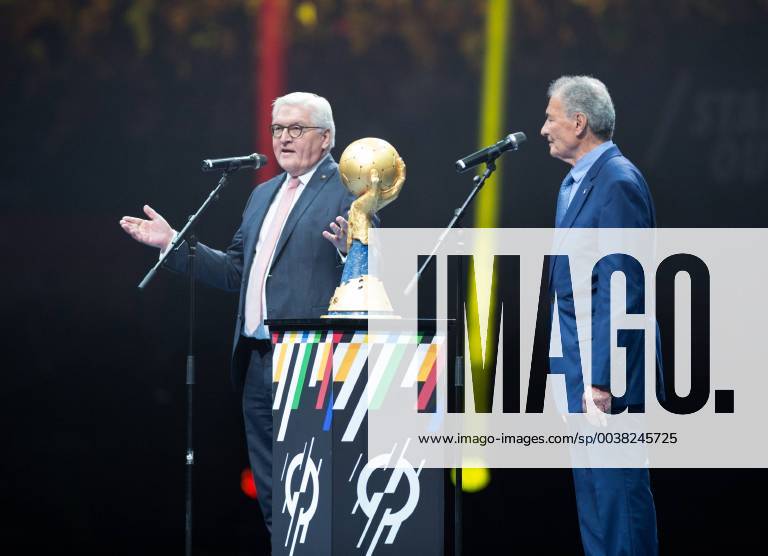 German President Frank Walter Steinmeier opens with IHF President Hassan Moustafa r the World Championship Opening Match Group A Korea COR Germany GER at the Mercedes Benz Arena in Berlin Germany on 10 01 2019 IHF Handball World Championship of Men in Germany and Denmark 2019