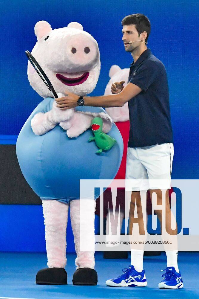 Novak Djokovic and Peppa Pig entertain the crowd on Rod Laver Arena at Kids Tennis Day prior to the 2019 Australian Open Grand Slam tennis tournament in Melbourne, Australia. Cal Media Tennis 2019: Australian Open Kids Day - ZUMAc04_ 20190112_zaf_c04_008