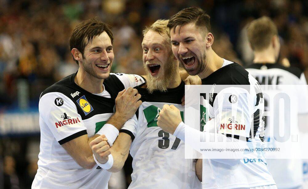 Jubilation after victory at Uwe Gensheimer Germany Matthias Musche Germany Fabian Wiede Germany at the match Germany against Brazil the Handball World Championship 2019 the men on 12 01 2019 in the Mercedes Benz Arena in Berlin Handball World Championship 2019 Group A Germany Brazil