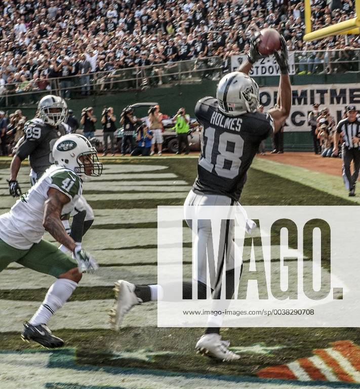 Oakland, California, U.S - Oakland Raiders wide receiver Andre Holmes (18) catches touchdown pass on Sunday, November 01, 2015, at O.co Coliseum in Oakland, California. The Raiders defeated the Jets 34-20. NFL American Football Herren USA 2015: Raiders 34:20 Jets - ZUMAg52_ 20151101_zap_g52_002