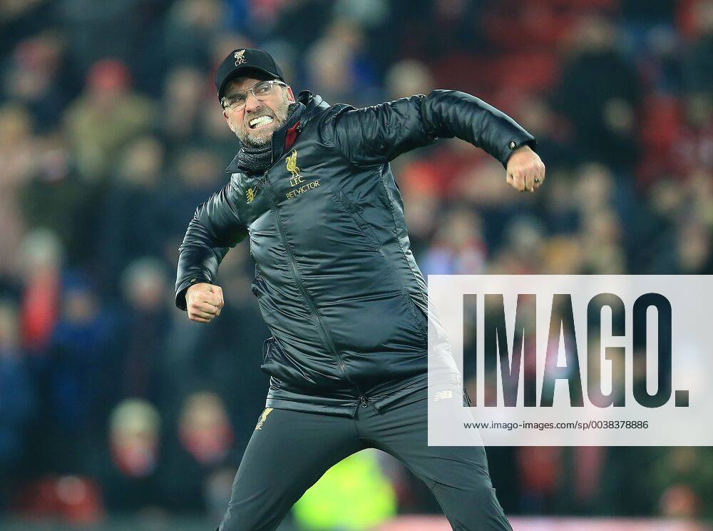 KW03 19th January 2019, Anfield, Liverpool, England; EPL Premier League football, Liverpool versus Crystal Palace; Liverpool manager Jurgen Klopp punches the air with delight in front of the Kop as the match ends with a 4-3 Liverpool win ActionPlus12097297 DavidxBlunsden