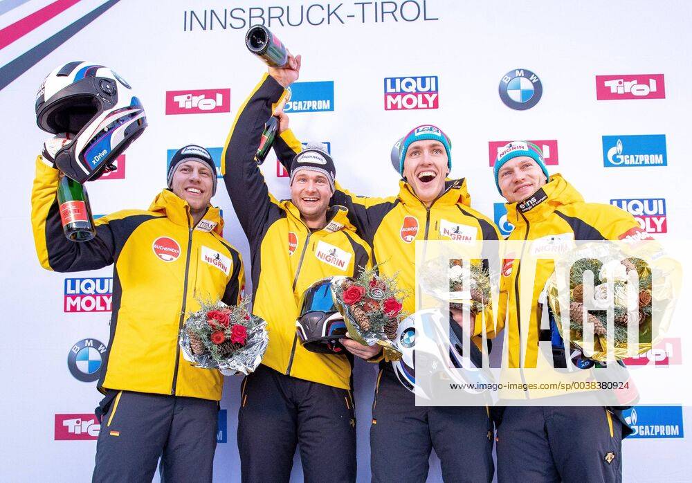 Olympia Eiskanal Innsbruck AUT BMW IBSF World Cup Bob Igls Mens two-seater award ceremony in picture v l Florian Bauer Johannes Lochner GER 2 place Thorsten Margis Francesco Friedrich GER 1 place f l second placed Florian Bauer and Johannes Lochner of Germany winner Thorsten Margis and Francesco Friedrich of Germany during the winner Ceremony of the men s doubles Bobsleigh of the BMW IBSF Bob World Cup at the Olympia Eiskanal in Innsbruck Austria on 2019 01 19 Innsbruck EX_GRO