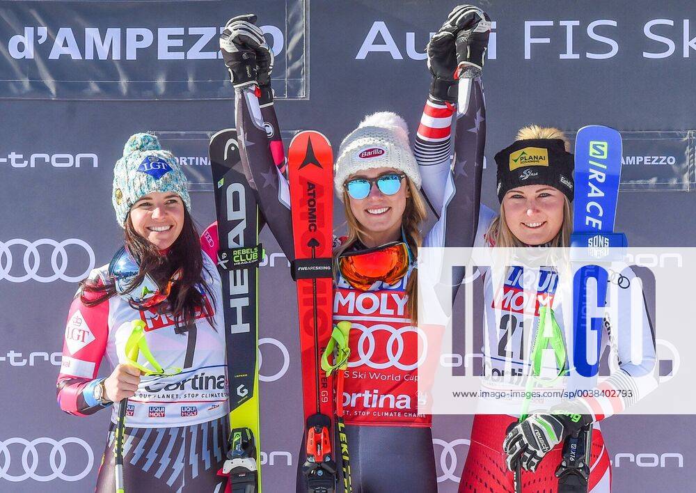 Olympia delle Tofane Cortina d Ampezzo ITA FIS World Cup Ski Alpin SuperG Women Award Ceremony in picture Tina Weirather LIE second place Mikaela Shiffrin USA Winner Tamara Tippler AUT third place second place Tina Weirather of Liechtenstein winner Mikaela Shiffrin of the USA third place Tamara Tippler of Austria during the winner Ceremony of her run in the ladie s SuperG of FIS ski alpine world cup at the Olympia delle Tofane in Cortina d Ampezzo Italy on 2019 01 20 Cortina d Ampezzo EX_SPI