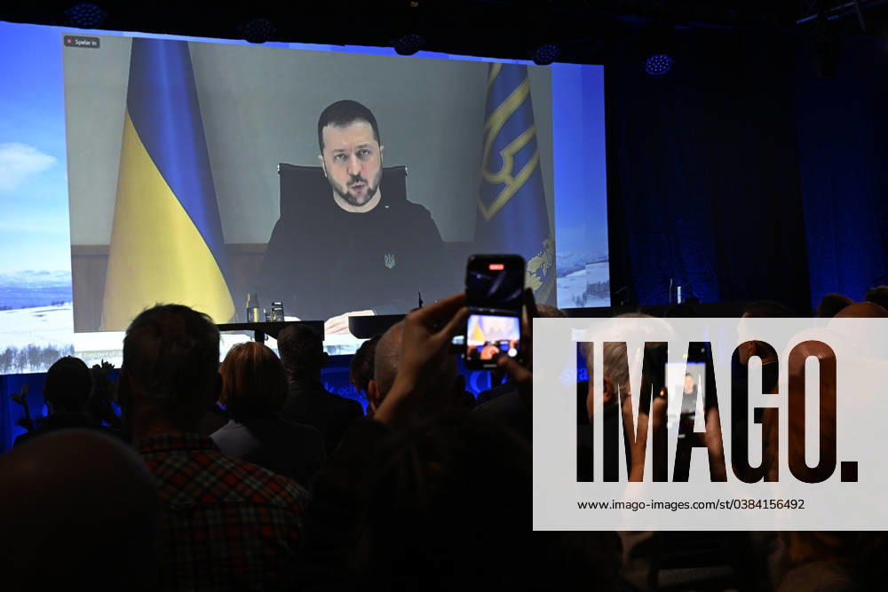 Ukrainian President Volodymyr Zelenskyy makes the opening speech at the Society and Defense National Conference, which begins in Sälen on Sunday SÄLEN SWEDEN