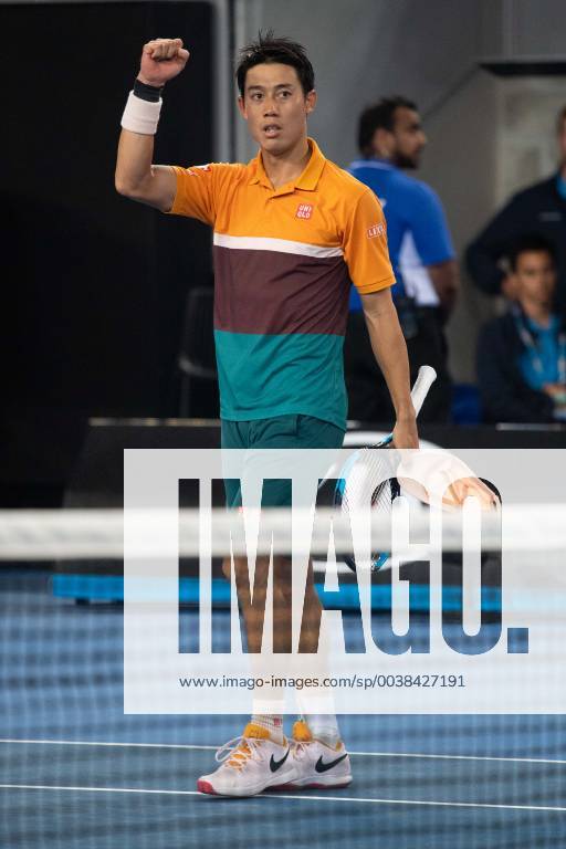 (190121) -- MELBOURNE, Jan. 21, 2019 (Xinhua) -- Kei Nishikori of Japan celebrates after the men s singles fourth round match between Kei Nishikori of Japan and Pablo Carreno Busta of Spain at 2019 Australian Open in Melbourne, Australia, on Jan. 21, 2019. Kei Nishikori won 3-2. (Xinhua Bai Xue) (SP)AUSTRALIA-MELBOURNE-TENNIS-AUSTRALIAN OPEN