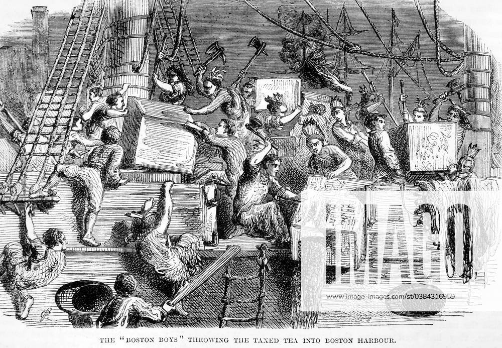 The Boston Boys Throwing the Taxed Tea into Boston Harbor, Boston Tea Party, Illustration