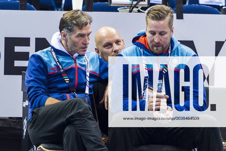 Hamburg Germany 24 January 2019 World Cup 2019 Men Semifinals Germany Press Conference Physio Peter Gräschus Executive Board Sports Axel Kromer Team Manager Oliver Roggisch Germany Hamburg Barclaycard Arena Germany