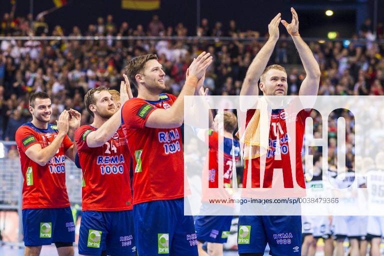 Hamburg Germany 25 January 2019 World Cup 2019 Men Semifinals Germany vs Norway Christian O Sullivan Norway SC Magdeburg Harald Reinkind Norway Magnus Abelvik Rod Norway SG Flensburg Handewitt Final Cheers Emotion Joy Hamburg Barclaycard Arena Germany