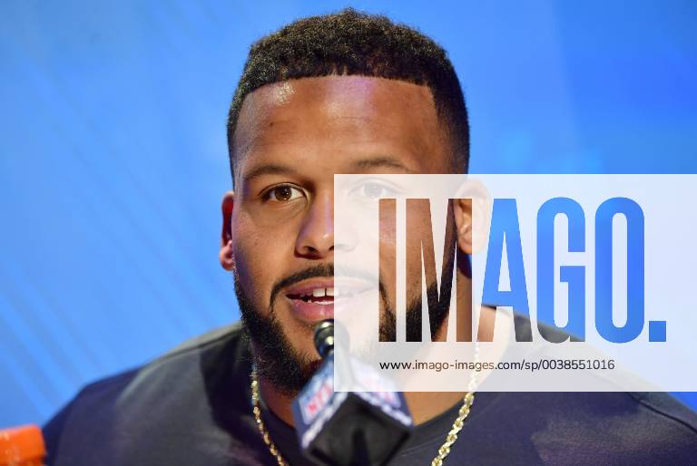 Los Angeles Rams Aaron Donald speaks to the media during Super Bowl Opening Night at the State Farm Arena on January 28, 2019 in Atlanta. The Los Angeles Rams will play the New England Patriots in Super Bowl LIII on Sunday, February 3. SBP20190128131 KEVINxDIETSCH