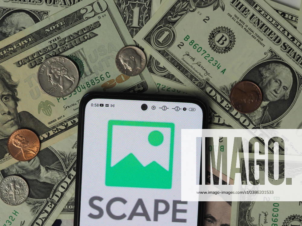 Logos displayed on smartphones in Germany - 11 Jan 2024 In this photo illustration, a Scape Technologies Ltd logo seen displayed on a smartphone with United States Dollar notes and coins in the background. Germany