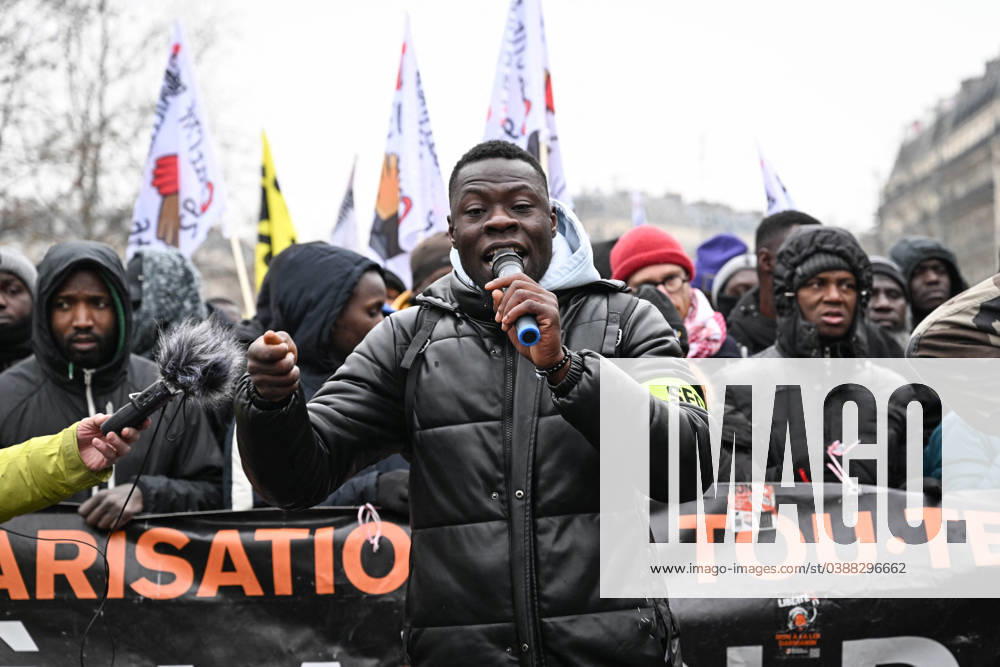 KW02 Anti-immigration Law Protest - Paris Speech of a demonstrator during a demonstration against the immigration law on January 14, 2024, called by over 400 collectives, associations, unions and political parties to demand the total withdrawal of the immigration law championed by Interior Minister Gerald Darmanin. The mobilization is intended to build pressure ahead of the Constitutional Council s decision, scheduled for January 25. Photo by Tomas Stevens ABACAPRESS.COM