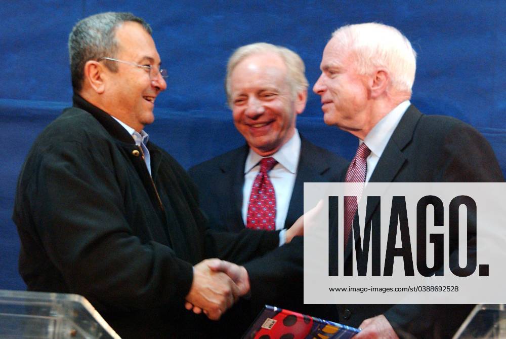 McCAIN VISITS SDEROT, ISRAEL: ROCKET ATTACKS DEMAND RESPONSE U.S. Senator John McCain, Joe Lieberman and Israel s Defense Minister Ehud Barak in Sderot Israel on Wednesday March 19, 2008. McCain said on Wednesday that he understands Israel s tough response to Palestinian rocket fire. The Republican made the remarks during a joint press conference with Israel s Defense Minister Ehud Barak following a tour of the rocket-battered town of Sderot. No nation in the world can be attacked incessantly without responding, he said. McCain, on what he described as a fact-finding mission to the Middle East, expressed empathy for residents of Sderot. The town, situated near the border with Gaza, is a frequent target of Palestinian rocket fire. Israel h