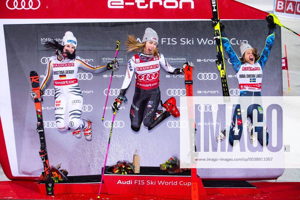 Christina Geiger of Germany Mikaela Shiffrin of USA and Anna Swenn Larsson of Sweden celebrates on the podium after the FIS alpine world cup city event on February 19 2019 in Stockholm,
