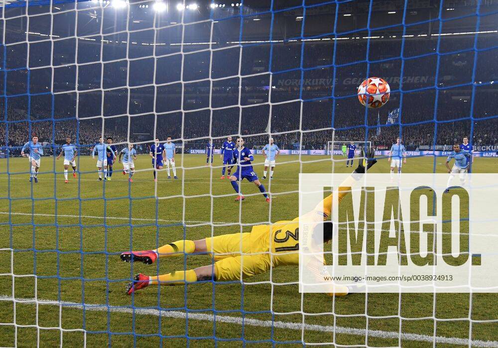 Football UEFA Champions League Season 2018 2019 Round of sixteen first leg FC Schalke 04 Manchester City Nabil Bentaleb Schalke 04 converted against goalkeeper Ederson Manchester City the penalty to 2 1 Team2