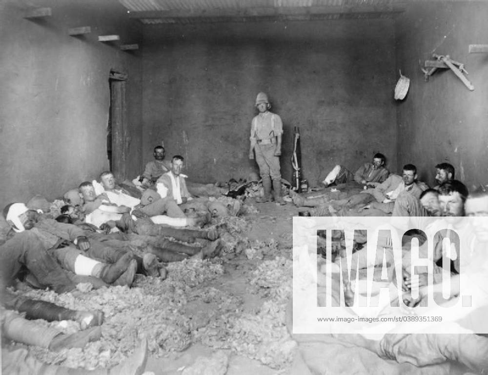 The Second Anglo - Boer War, South Africa 1899 - 1902 Wounded men lying on the floor of a British field dressing station probably immediately after the Battle of Modder River.